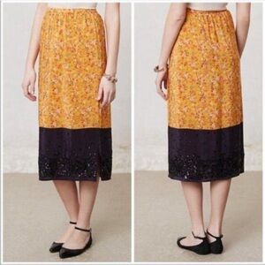 Anthropologie Maeve Silk Beaded Floral Midi Skirt XS